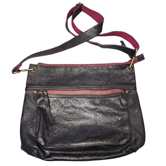 Fossil Crossbody Purse Leather Floral Embossed Dark Brown Merlot Boho Artsy - Picture 1 of 12